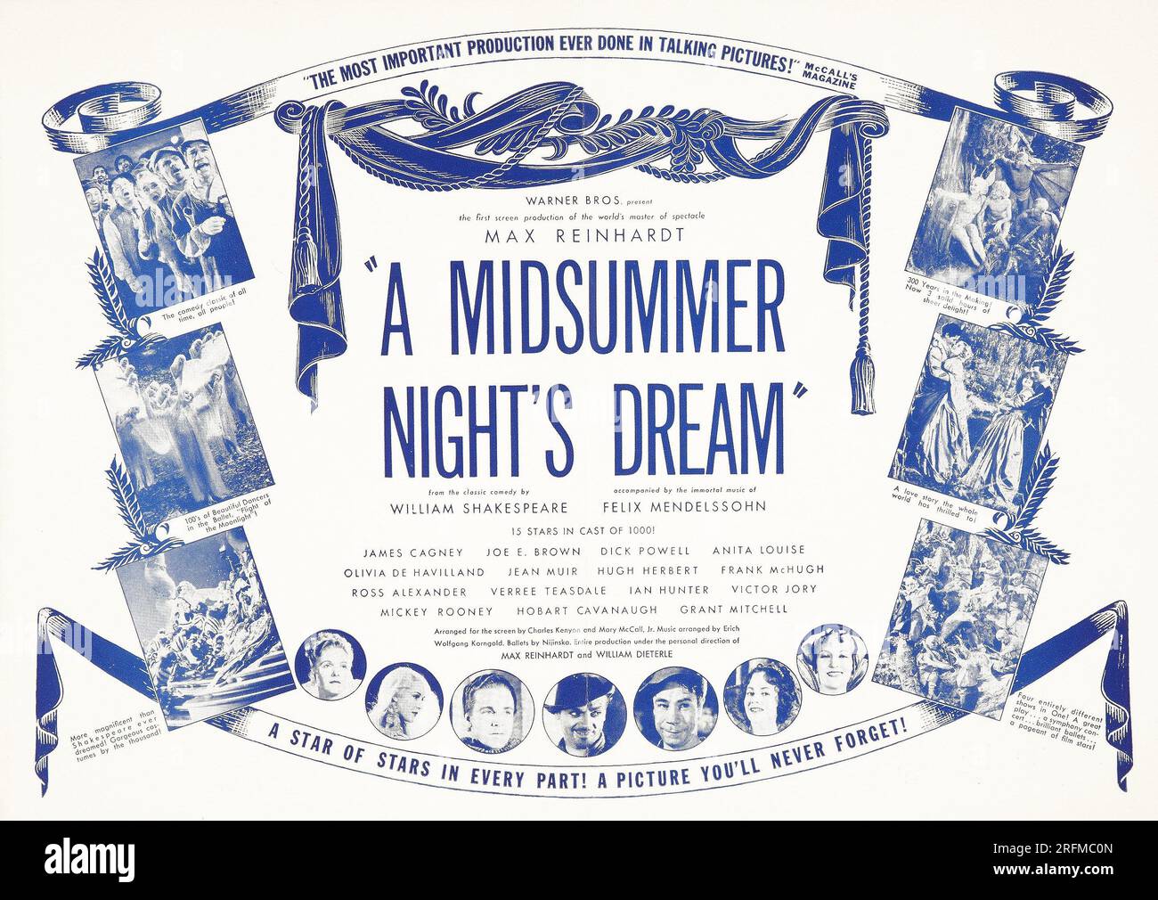 lobby card for Max Reinhardt's 'A Midsummer Night’s Dream' (1935). A Midsummer Night's Dream is a 1935 American film of William Shakespeare's play, directed by Max Reinhardt and William Dieterle. Produced by Henry Blanke and Hal Wallis for Warner Brothers, and adapted by Charles Kenyon and Mary C. McCall Jr. from Reinhardt's Hollywood Bowl production of the previous year. Felix Mendelssohn's music was extensively used, as re-orchestrated by Erich Wolfgang Korngold. Stock Photo