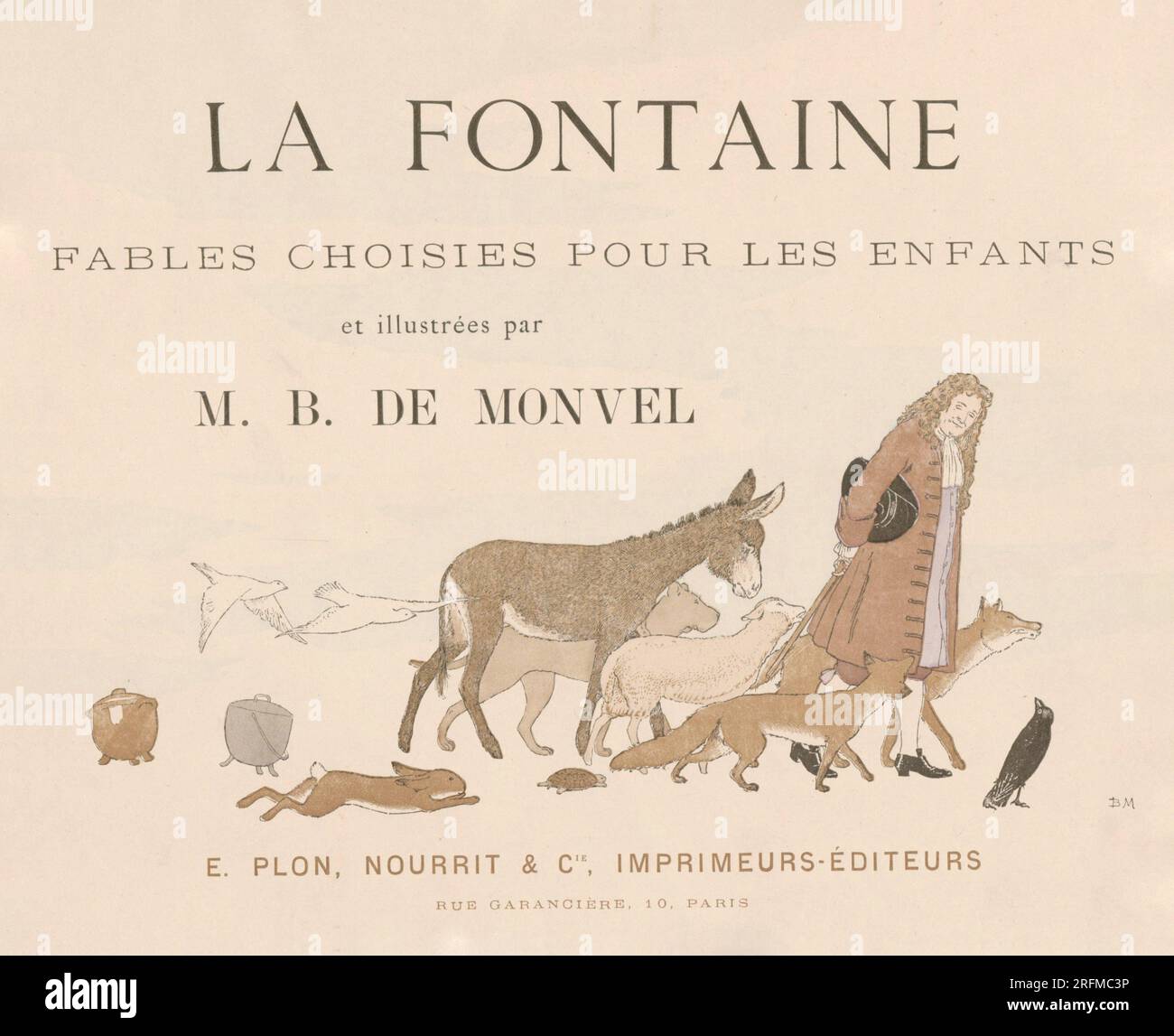 Frontispiece illustrated by Louis-Maurice Boutet de Monvel and published in 'La Fontaine: Fables choisies pour les enfants' by Plon, Nourrit et Cie (Paris), in 1888. Stock Photo