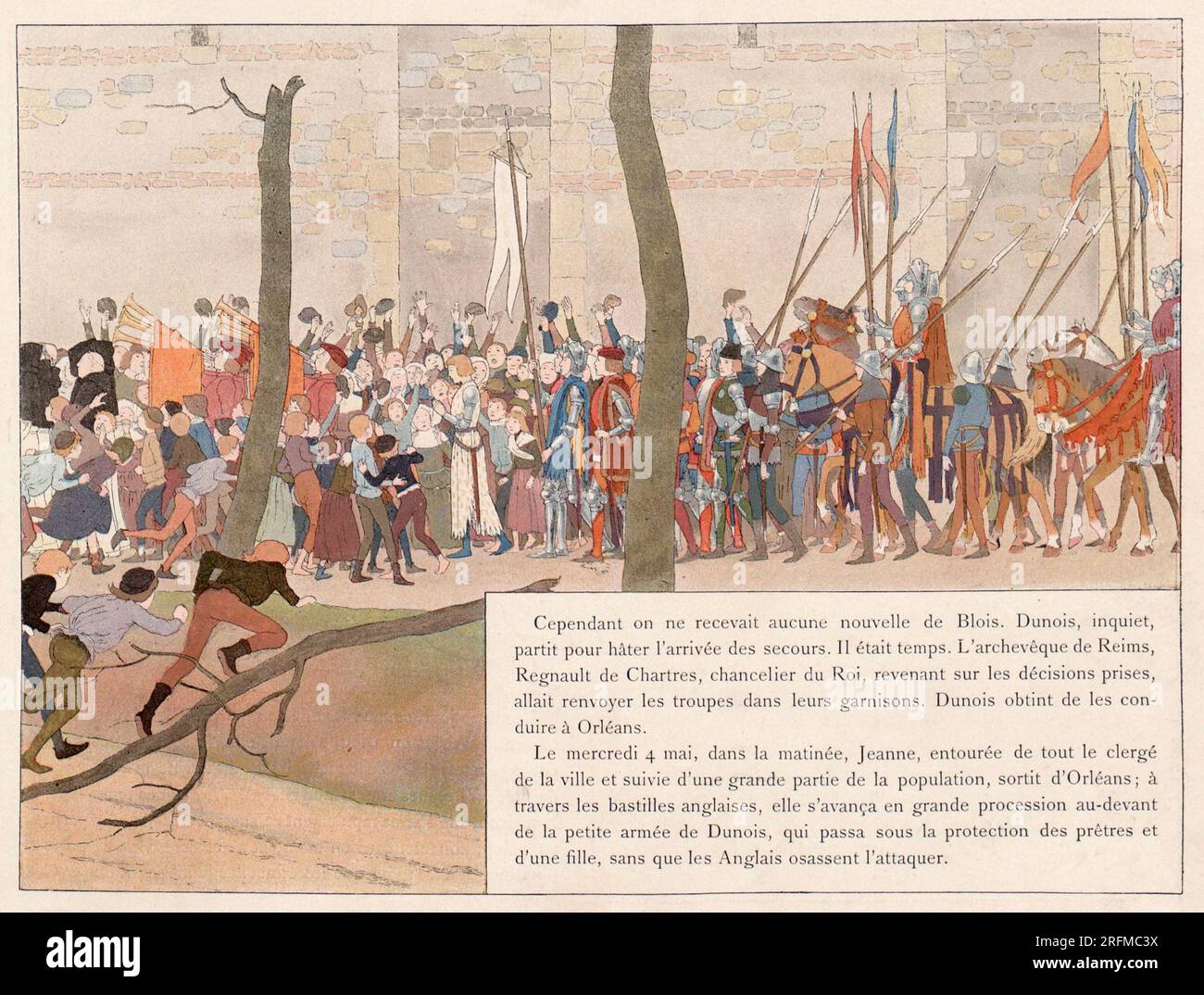 Jeanne, surrounded by all the city's clergy and followed by a large part of the population, left Orléans [...] without the English daring to attack her'.  Illustration published in the book 'Jeanne d'Arc' by Louis-Maurice Boutet de Monvel, published by Plon, Nourrit & Cie in 1896. Stock Photo