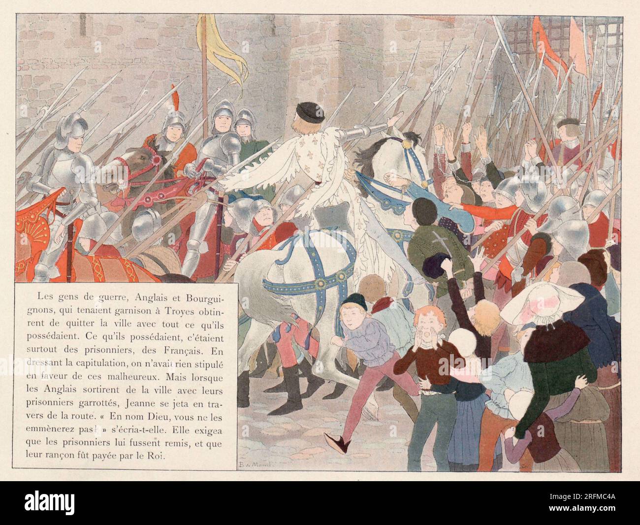 Joan of Arc objecting to the English leaving the town of Troyes with French prisoners.  Illustration published in the book 'Jeanne d'Arc' by Louis-Maurice Boutet de Monvel, published by Plon, Nourrit & Cie in 1896. Stock Photo