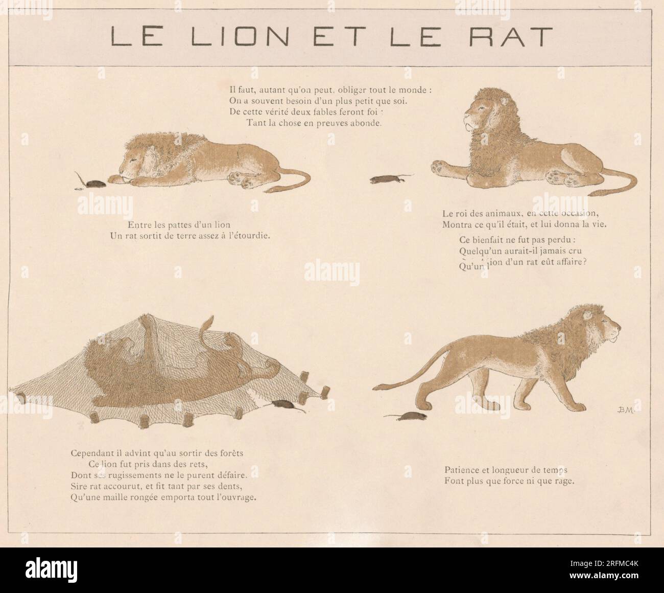 The Lion and the Rat.  Plate illustrated by Louis-Maurice Boutet de Monvel and published in 'La Fontaine: Fables choisies pour les enfants' by Plon, Nourrit et Cie (Paris), in 1888. Stock Photo