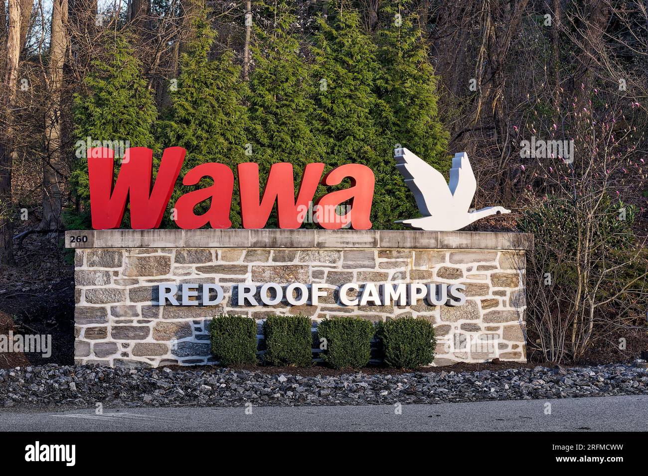 Chester Heights, PA - April 2, 2023: Sign at the entrance to WAWA Red Roof Campus, their corporate headquarters complex at 260 W Baltimore Pike. Stock Photo