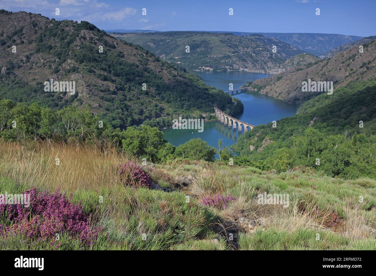 France, Lozère, Villefort, the lake, hydraulic reservoir, Altier viaduct (railway bridge), view from the surrounding mountain Stock Photo