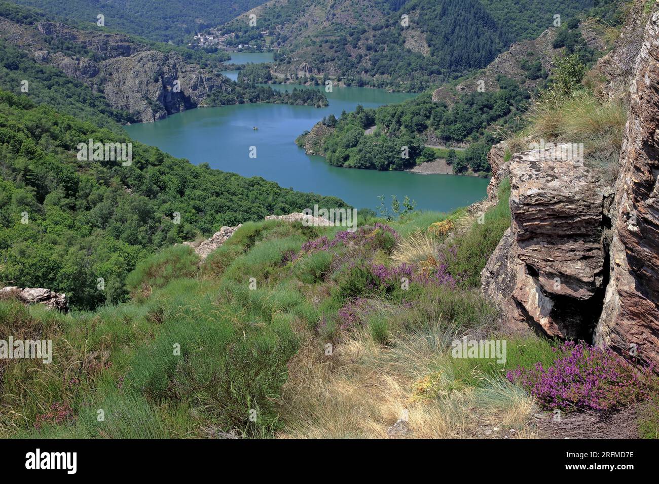 France, Lozère, Villefort, the lake, hydraulic reservoir, Altier viaduct (railway bridge), view from the surrounding mountain Stock Photo