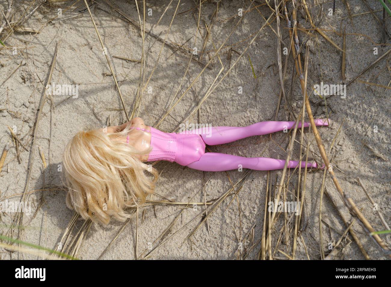 France, Hauts de France region, PasdeCalais, Camiers, plage SainteCécile, Barbie doll in the