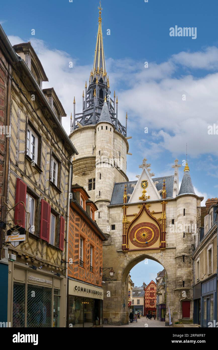 France, Bourgogne Franche Comté region, Yonne, Auxerre, rue de l'Horloge, Clock Tower, Town Gate Stock Photo