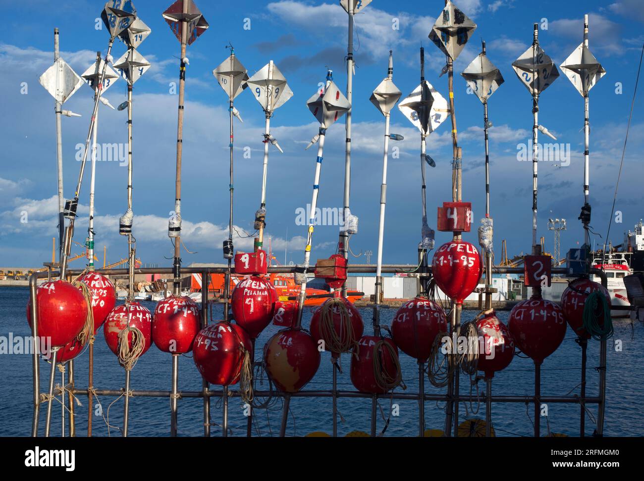 Fishing arts (buoys) in Garrucha harbor. Almeria province, Andalucia, Spain. Stock Photo