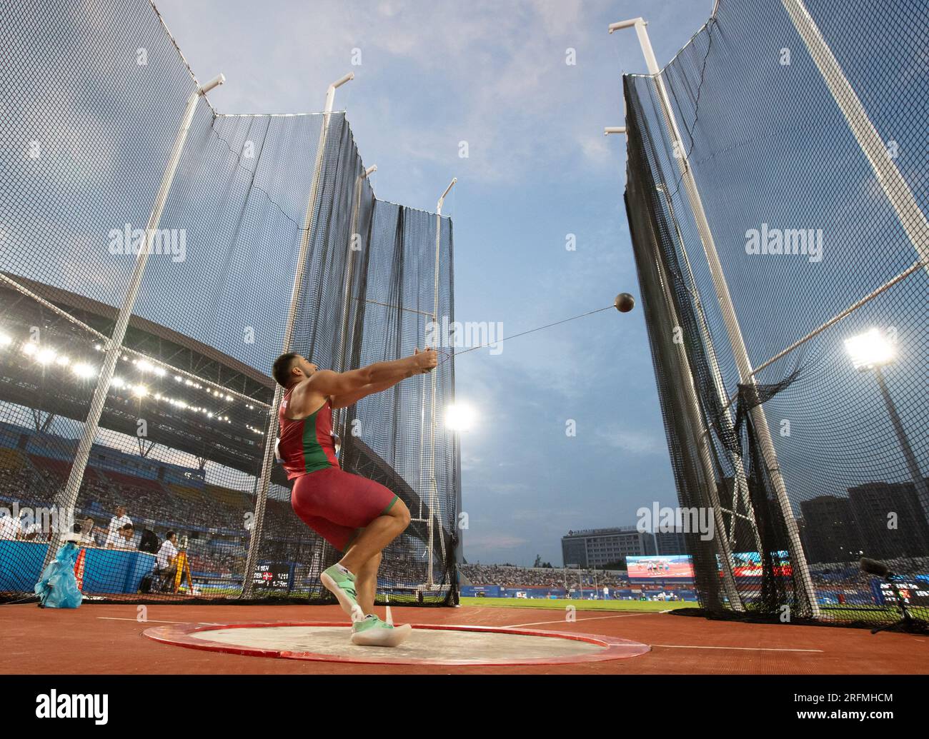 Chengdu, China's Sichuan Province. 4th Aug, 2023. Decio Andrade of Portugal competes during the Men's Hammer Throw Final of athletics at the 31st FISU Summer World University Games in Chengdu, southwest China's Sichuan Province, Aug. 4, 2023. Credit: Li Jing/Xinhua/Alamy Live News Stock Photo
