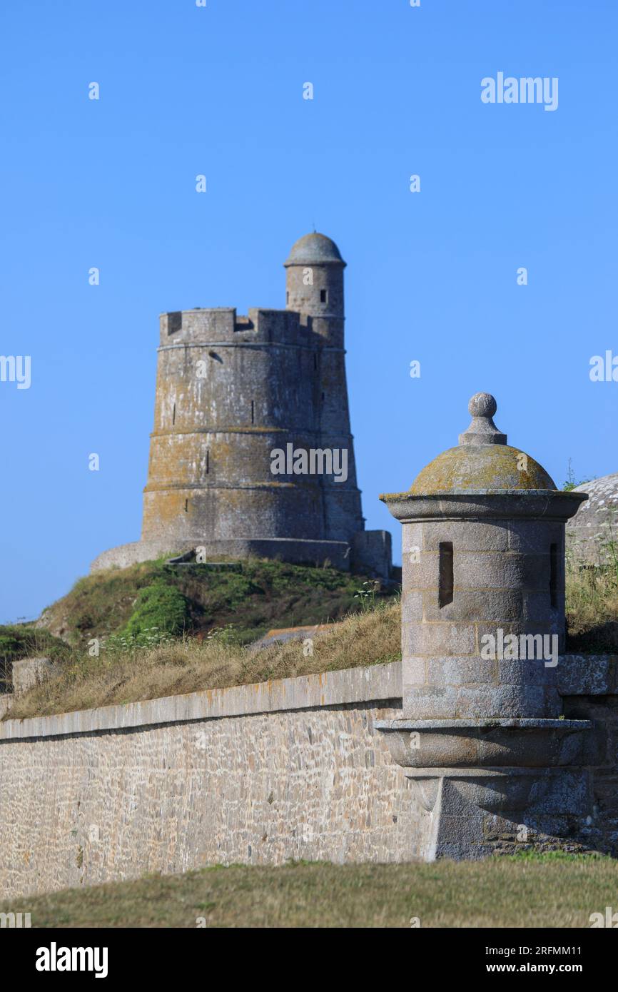 France, Normandy region, Manche, Val de Saire, Saint-Vaast-la-Hougue, Fort Vauban with its tower, 'Village préféré des Français' in 2019 (French people's favourite village) Stock Photo