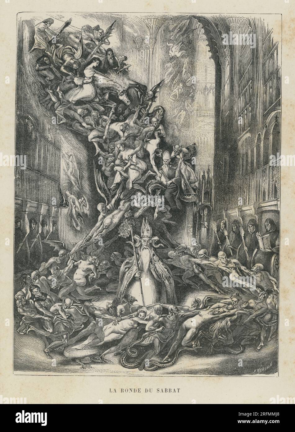 Illustration of "Odes et Ballades" illustrating the poem "La ronde du sabbat".  Illustrator: Louis Boulanger. Illustration from 'Oeuvre poétique' (vol. I) and part of a set of engravings published in the Volume XII of Victor Hugo's 'Oeuvres Complètes'. Book published by the Société anonyme de publications périodiques P. Mouillot. Stock Photo