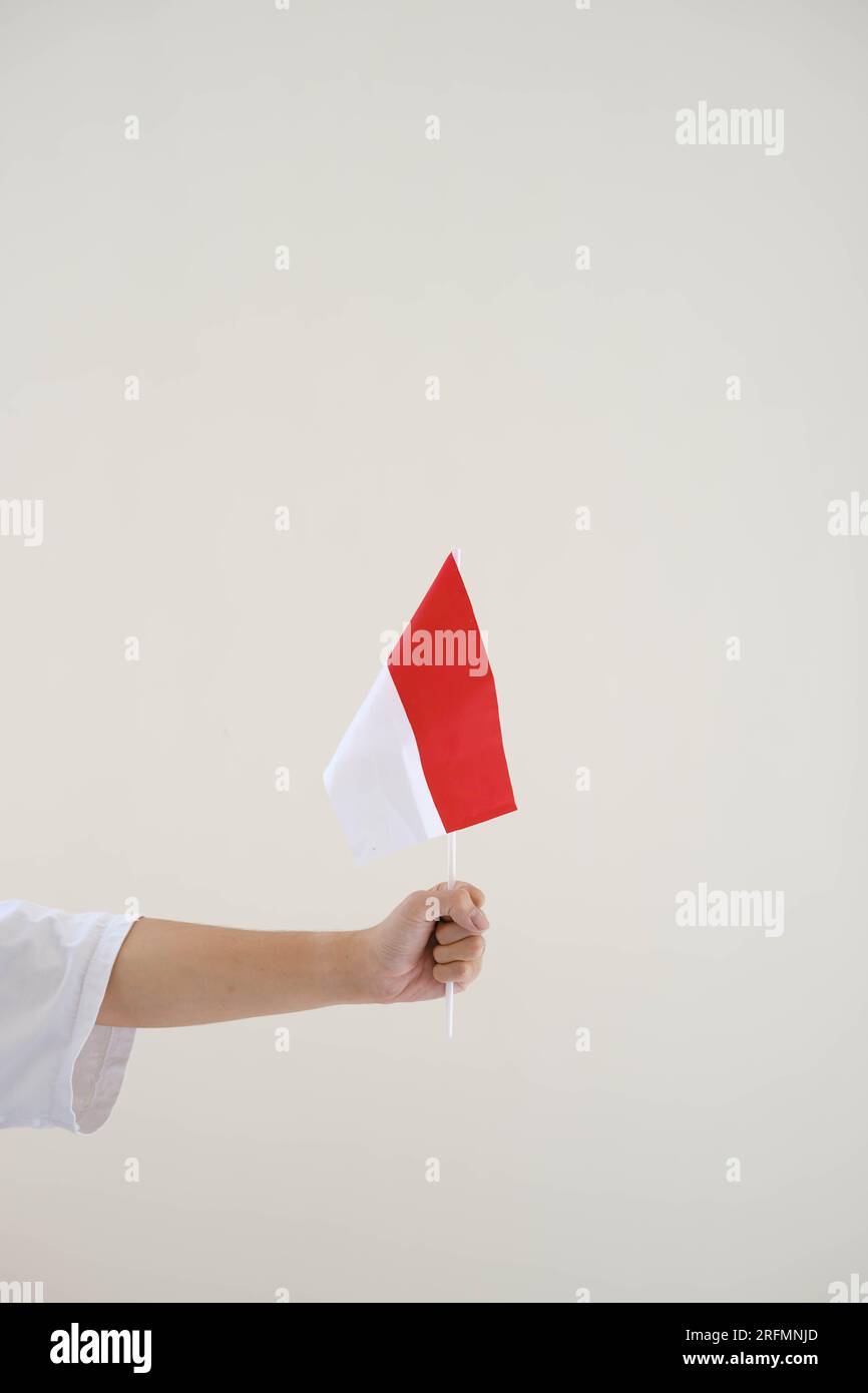 Portrait or vertical shot of a hand of man wearing white T-Shirt is holding Bendera Indonesia or Indonesian flag confidently. Isolated white backgroun Stock Photo