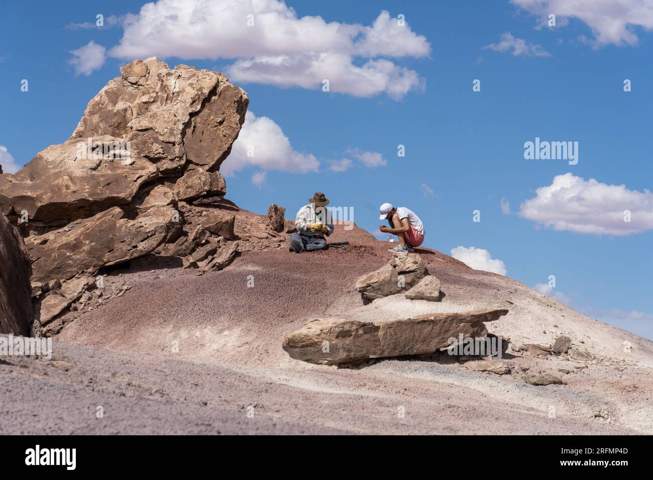 Paleontologists work in the Morrison Formation in the Burpee Dinosaur Quarry in the Caineville Desert near Hanksville, Utah. Stock Photo