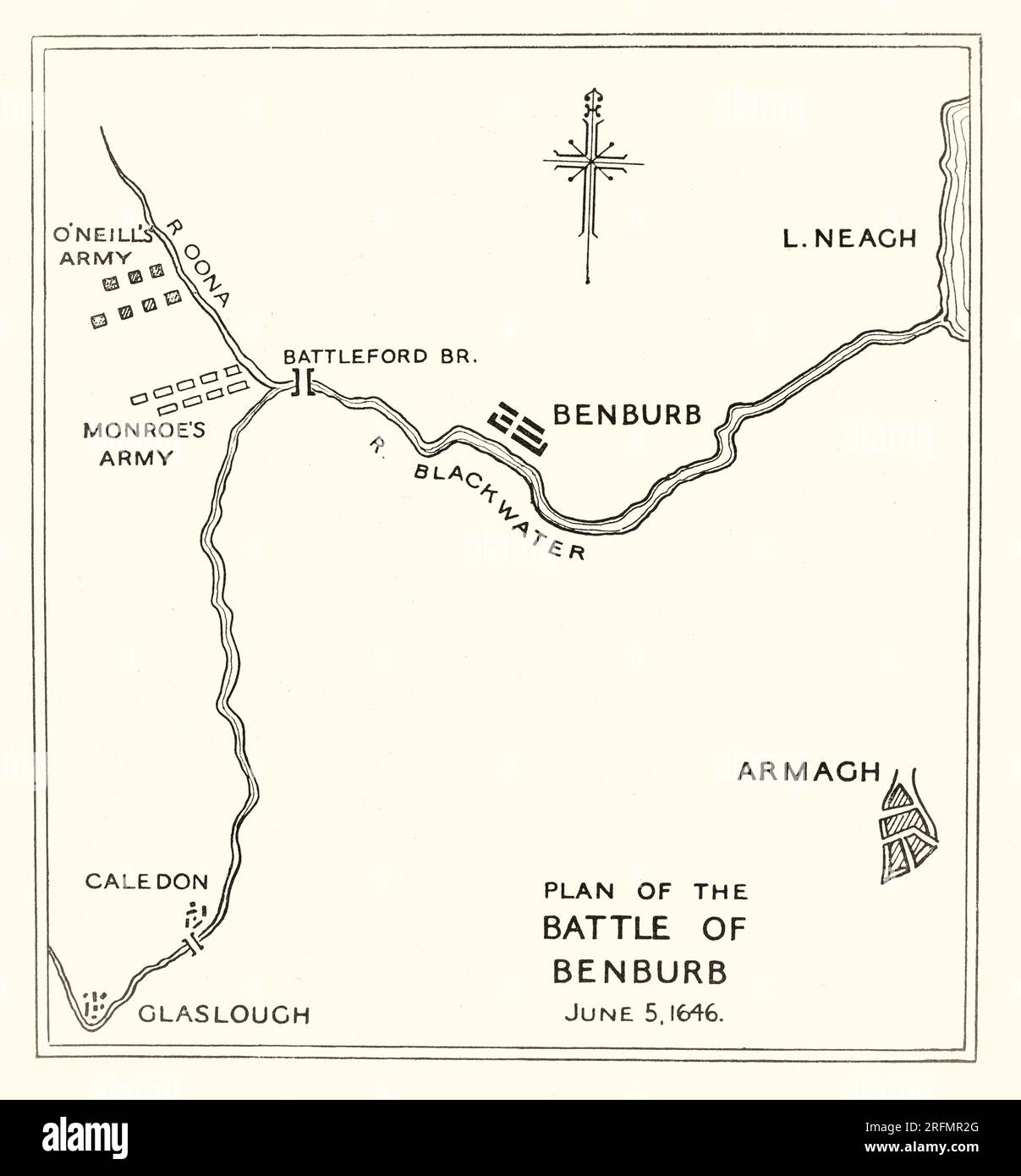 A 17th century plan of the Battle of Benburb, that took place  in County Tyrone, Northern Ireland, on 5 June 1646 during the Irish Confederate Wars, the Irish theatre of the Wars of the Three Kingdoms. It was fought between the Irish Confederates under Owen Roe O'Neill, and an army of Scottish Covenanters and Scottish/English settlers under Robert Monro. The battle ended in a decisive victory for the Irish Confederates and ended Scottish hopes of conquering Ireland and imposing their own religious settlement there. Stock Photo