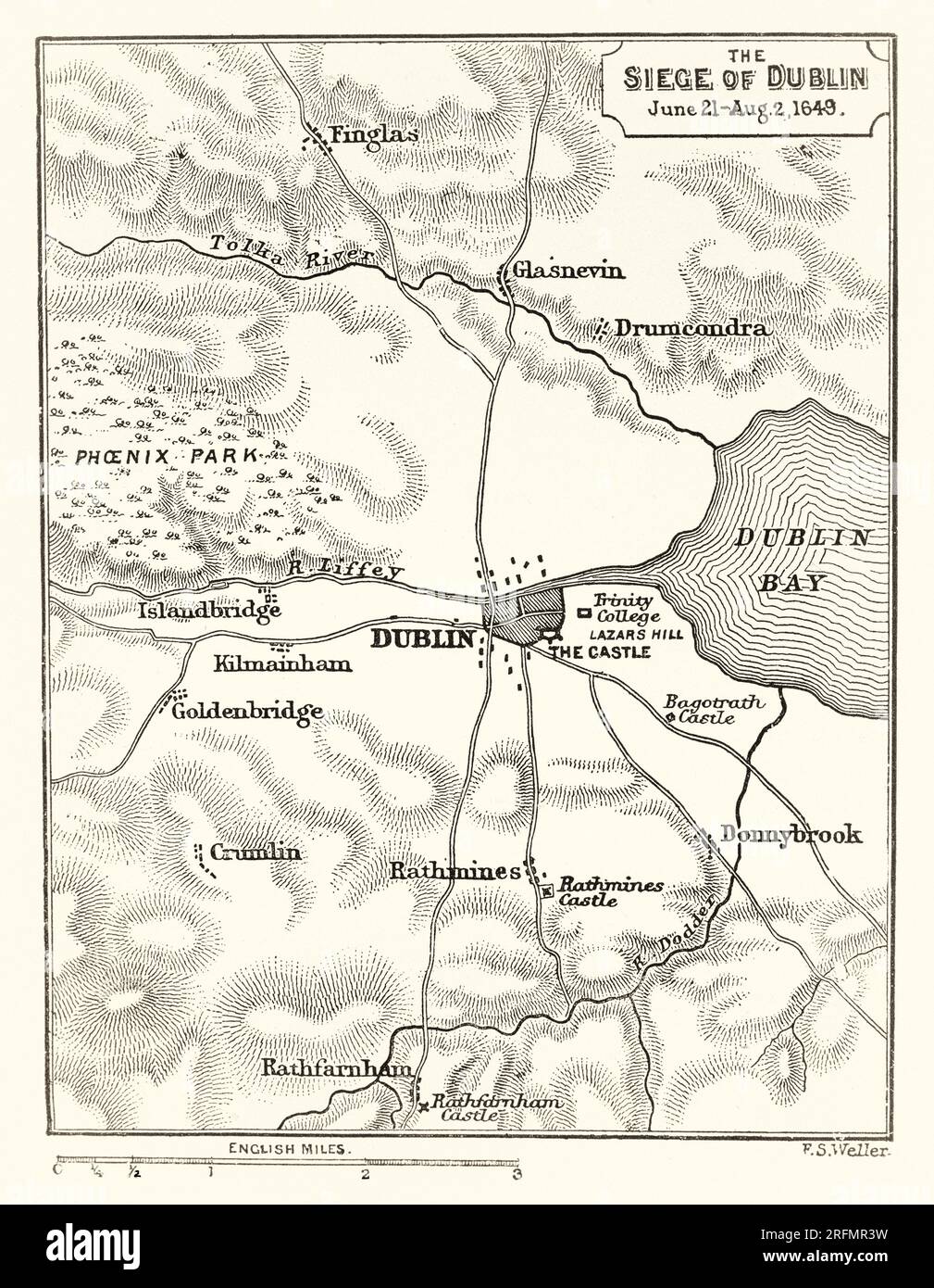 A 17th century plan of the siege of Dublin that took place in 1649 during the Irish Confederate Wars. It was a failed attempt by combined Irish Royalist and Confederate forces to capture the capital of Dublin which was held by English Republican forces under Michael Jones.  The siege was abandoned following a decisive defeat at the Battle of Rathmines, followed soon afterwards by the arrival of Oliver Cromwell and fresh reinforcements. Stock Photo