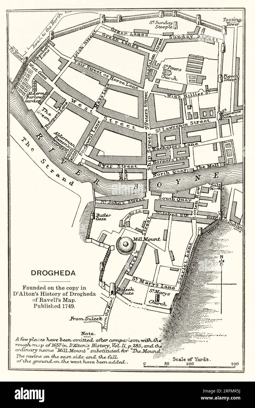 A 17th century plan of the siege of Drogheda that took place from in September 1649, at the outset of the Cromwellian conquest of Ireland. The coastal town of Drogheda was held by a mixed garrison of Irish Catholics and Royalists under the command of Sir Arthur Aston, when it was besieged by English Commonwealth forces under Oliver Cromwell. After Aston rejected an invitation to surrender, the town was stormed and much of the garrison executed, along with an unknown but 'significant number' of civilians. The siege is still viewed as an atrocity impacting Cromwell's reputation. Stock Photo
