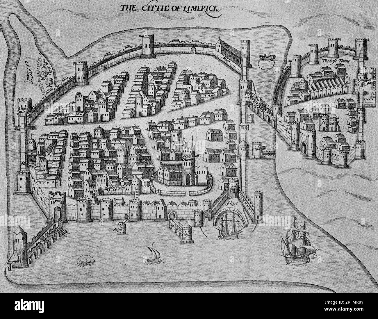 The City of Limerick as illustrated in Pacata Hibernia - a history of the wars in Ireland during the reign of Queen Elizabeth, especially within the province of Munster under the government of Sir George Carew, compiled by his direction and appointment and published in the early 17th century. Stock Photo