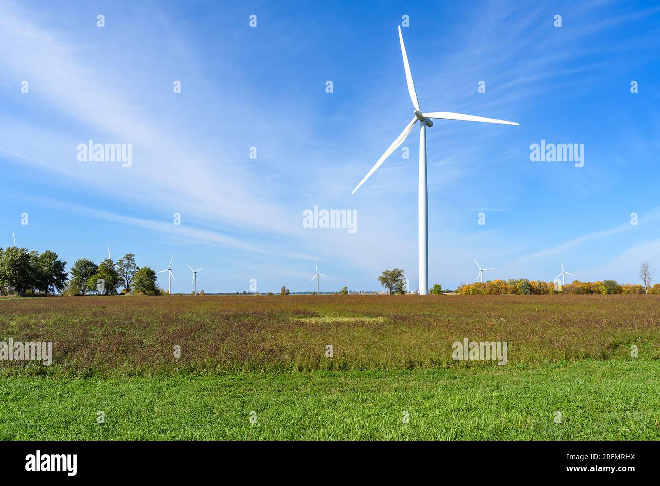 Tal wind turbine in a field on a clear autumn day. Other wind turbines are visible in distance Stock Photo