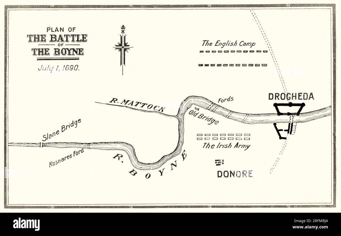 A 17th century plan of the Battle of the Boyne, a battle on 1st July 1690, between the forces of the deposed King James II, and those of King William III who had acceded to the Crowns of England and Scotland in 1689. The battle took place across the River Boyne close to the town of Drogheda in Ireland, and resulted in a victory for William. This turned the tide in James's failed attempt to regain the British crown and ultimately aided in ensuring the continued Protestant ascendancy in Ireland. Stock Photo