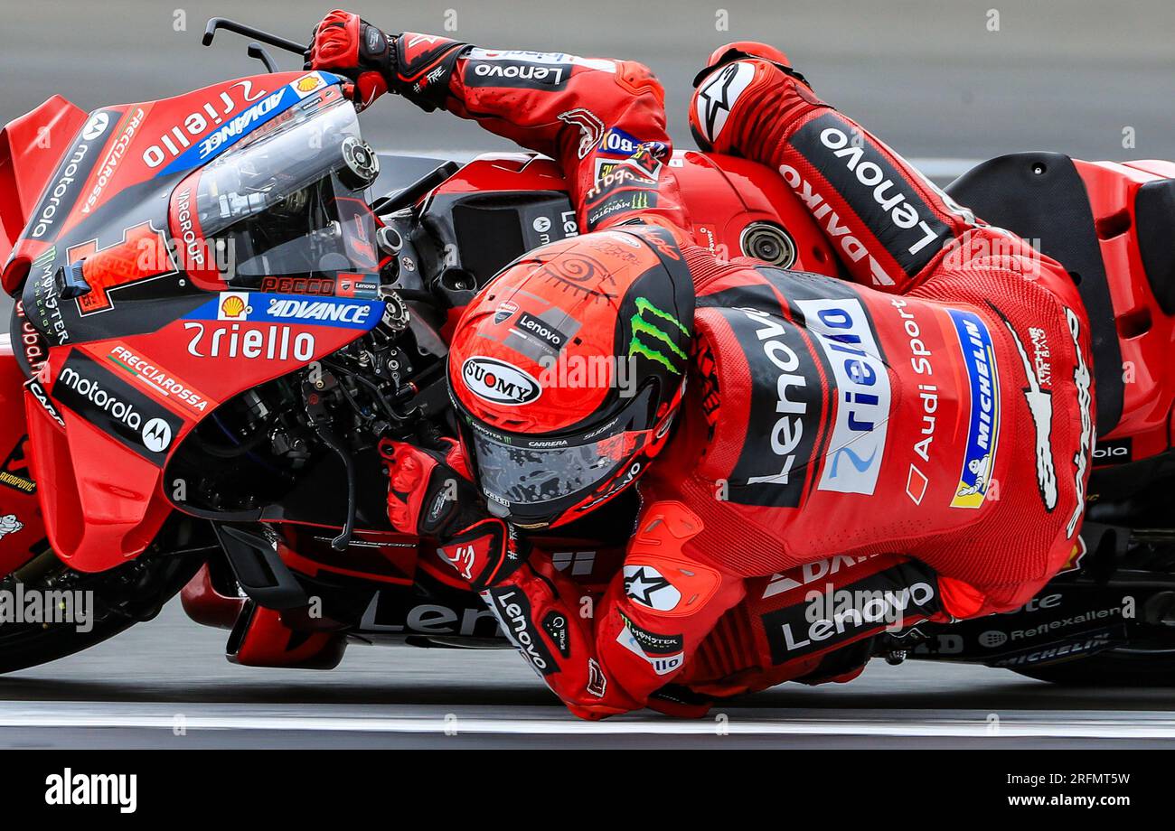 Ducati Lenovo's Francesco Bagnaia during Free Practice Two ahead of the Monster Energy British Grand Prix 2023 at Silverstone, Towcester. Picture date: Friday August 4, 2023. Stock Photo