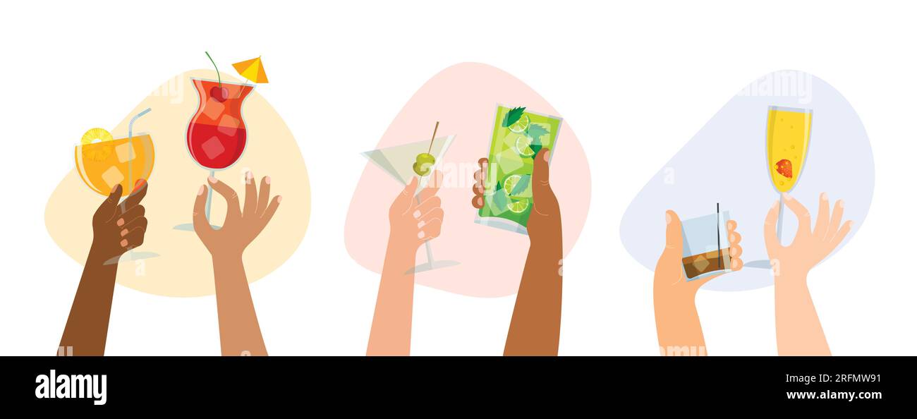 Set of summer cocktails. Hands with alcoholic drinks in different types ...