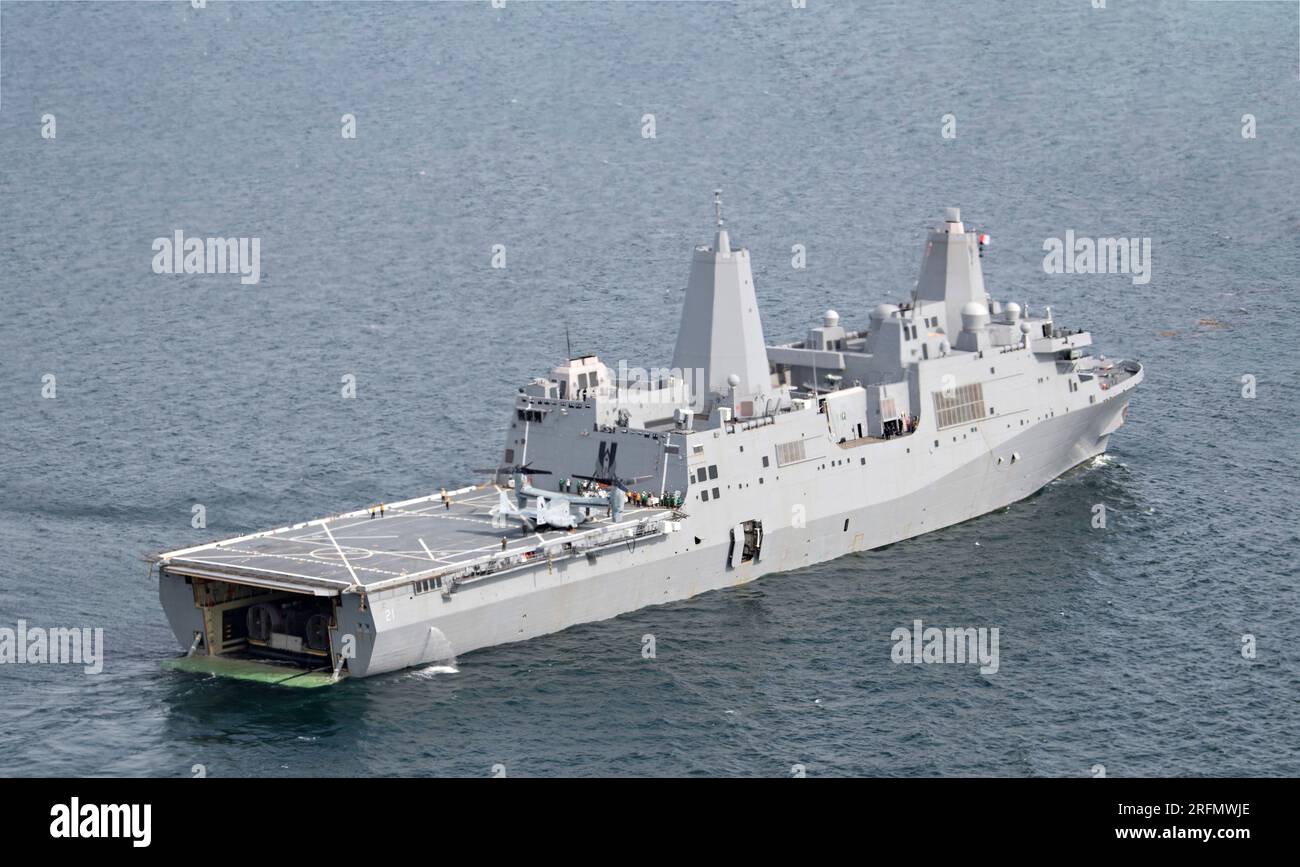 Covenas, Colombia. 08 July, 2023. The U.S. Navy San Antonio-class amphibious transport dock ship USS New York, during exercise UNITAS 2023 on the Atlantic Ocean, July 8, 2023 off the coast of Covenas, Colombia. Credit: MCS William Bennett IV/US Navy Photo/Alamy Live News Stock Photo