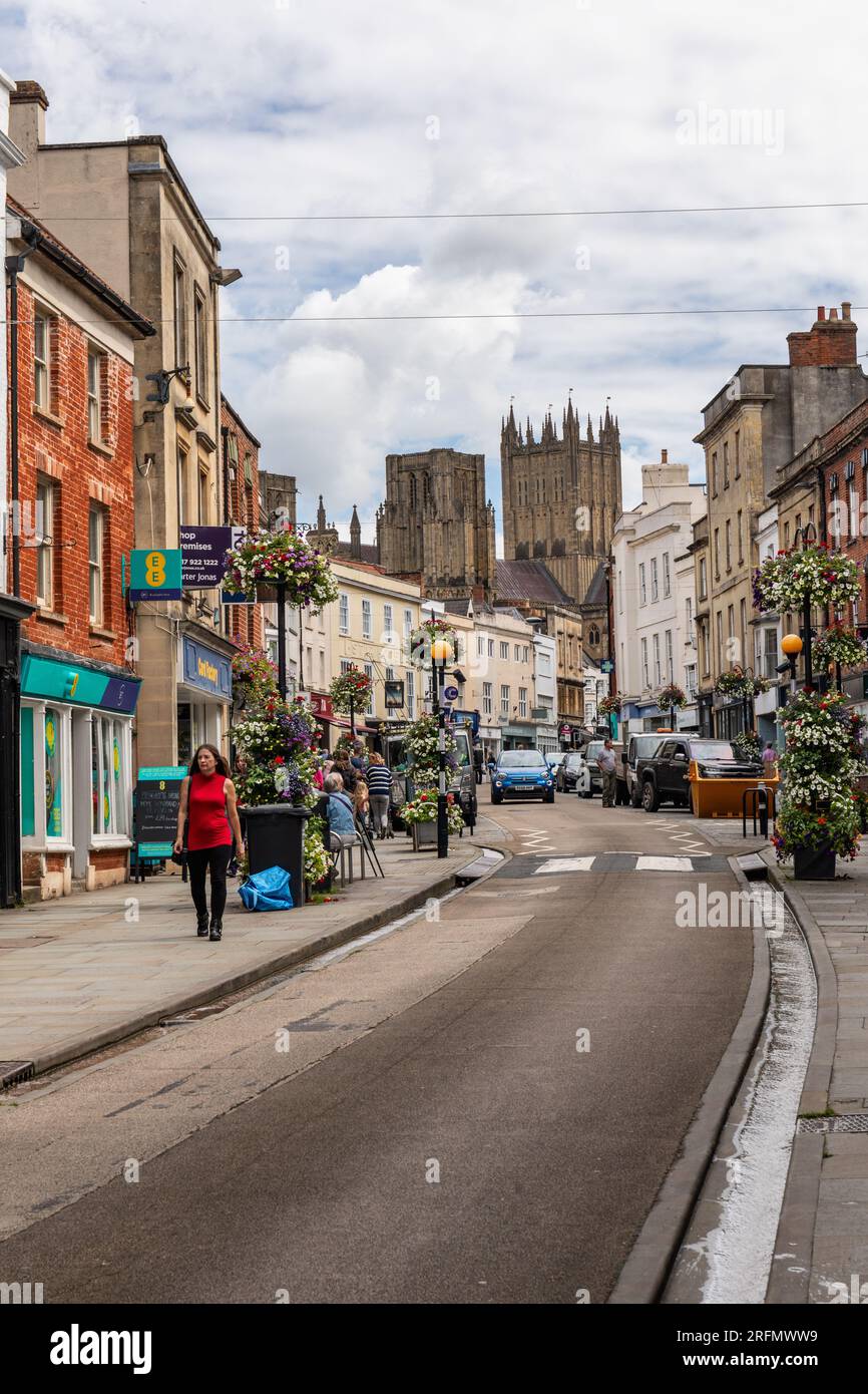 Wells High Street in the town centre of the City of Wells with Wells