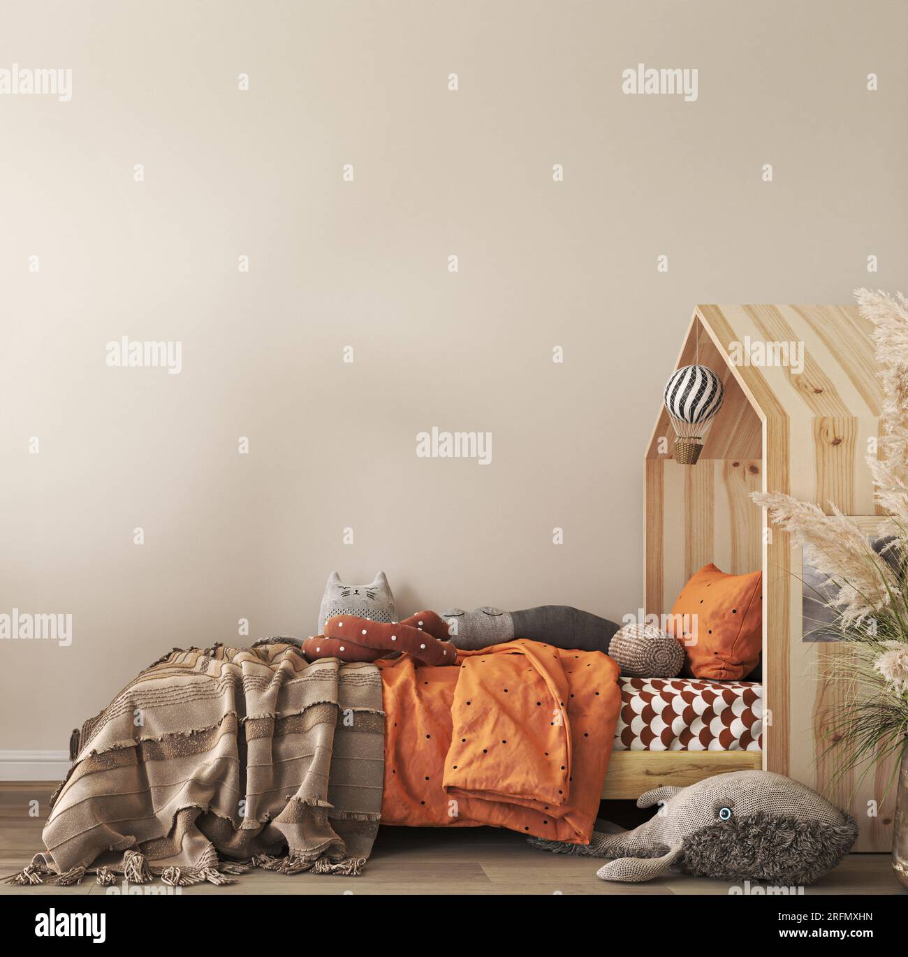 Panoramic boho interior for baby's room Scandinavian style. Wooden bed, large toys on empty beige background. Trendy minimal design. 3d rendering Stock Photo