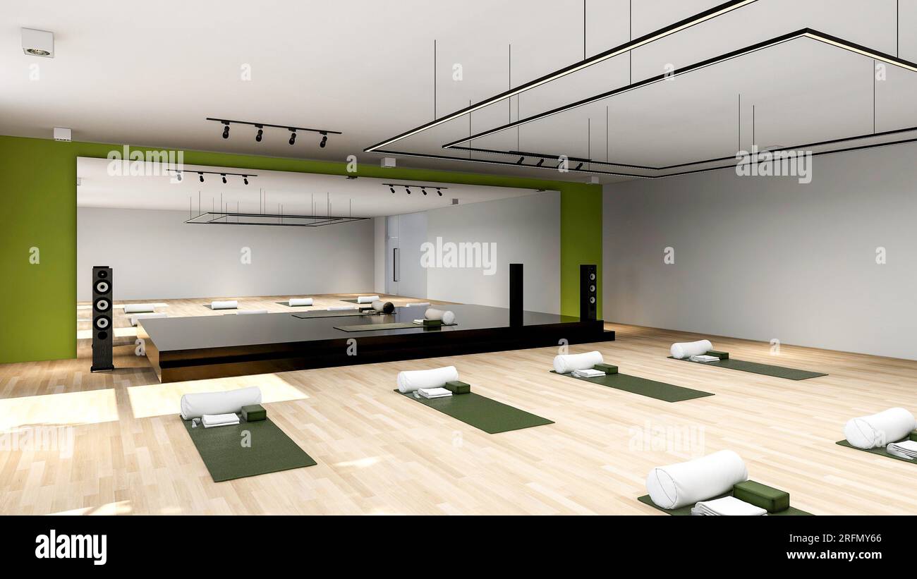 Empty Yoga studio interior design, open space with stage and large