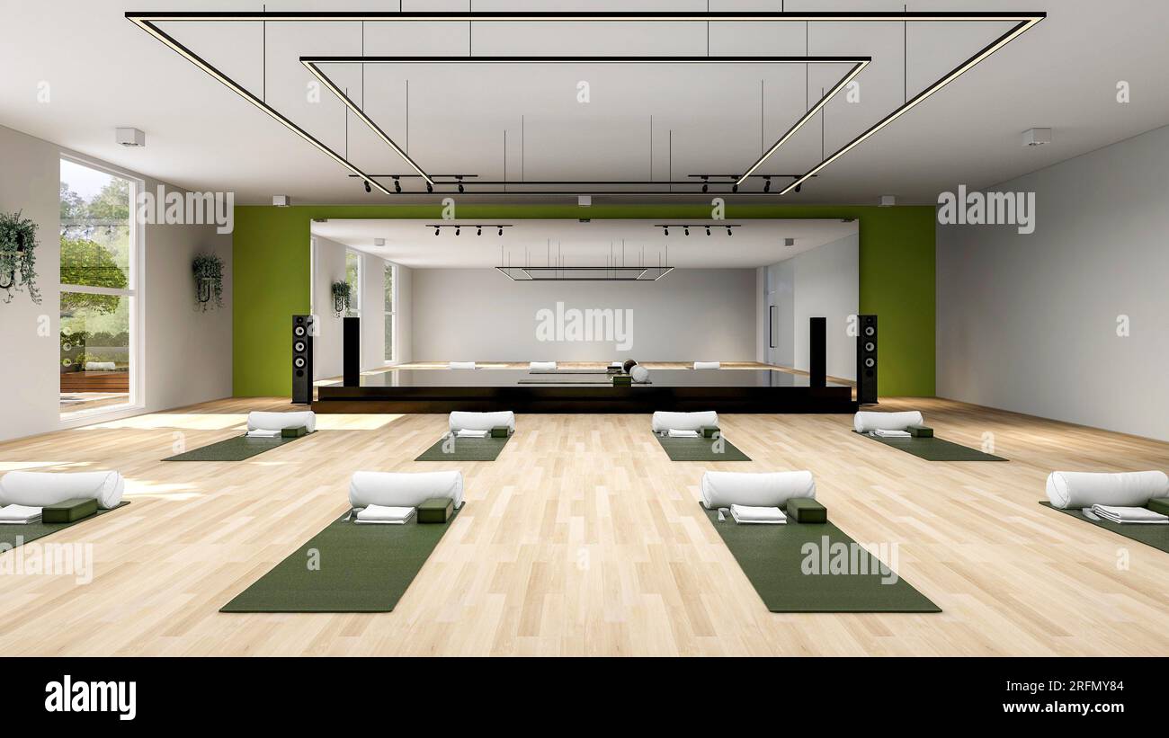 Empty Yoga studio interior design, open space with stage and large