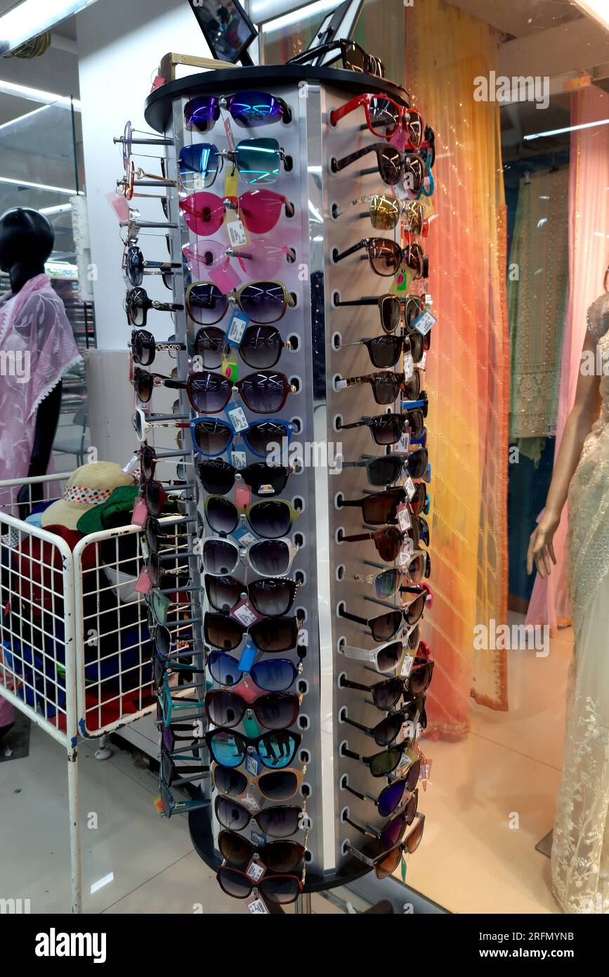 18 10 2021 indore mp india many sunglasses on display in shop fashion sunglasses in shop 2RFMYNB