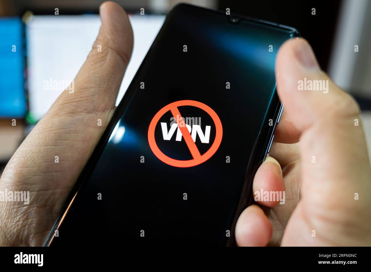 circumvention of sanctions is a concept. Ban on the use of VPN on a smartphone. Stock Photo