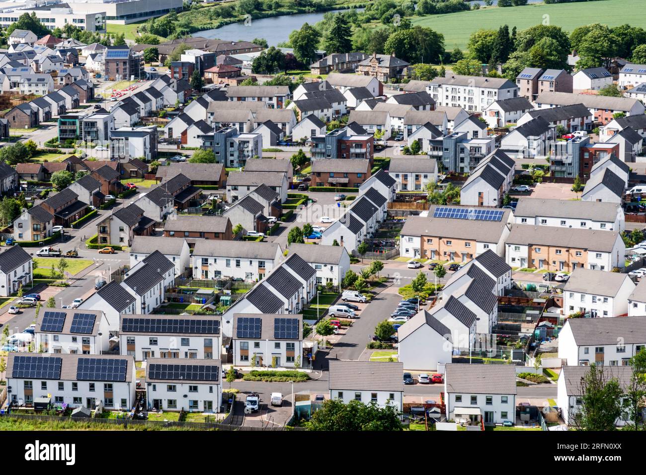Elevated view of housing with solar panels on the Raploch Estate