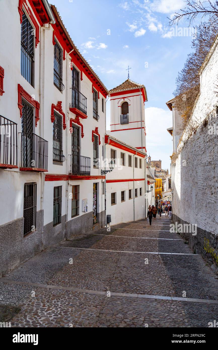 Granada, Spain - FEB 23, 2022: The Albaicin or Albayzin is the muslim quarter of Granada, Andalusia, Spain, centered around a hill on the north side o Stock Photo