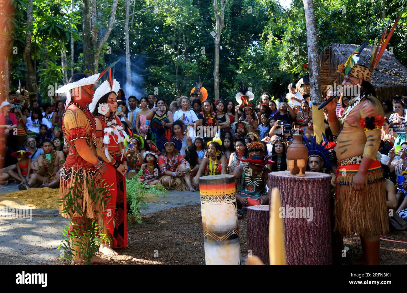 porto seguro, bahia, brazil - august 1, 2023: Etina Pataxo Indians seen during the Aragwaka festival in the Jaqueira village in the city of Porto Segu Stock Photo