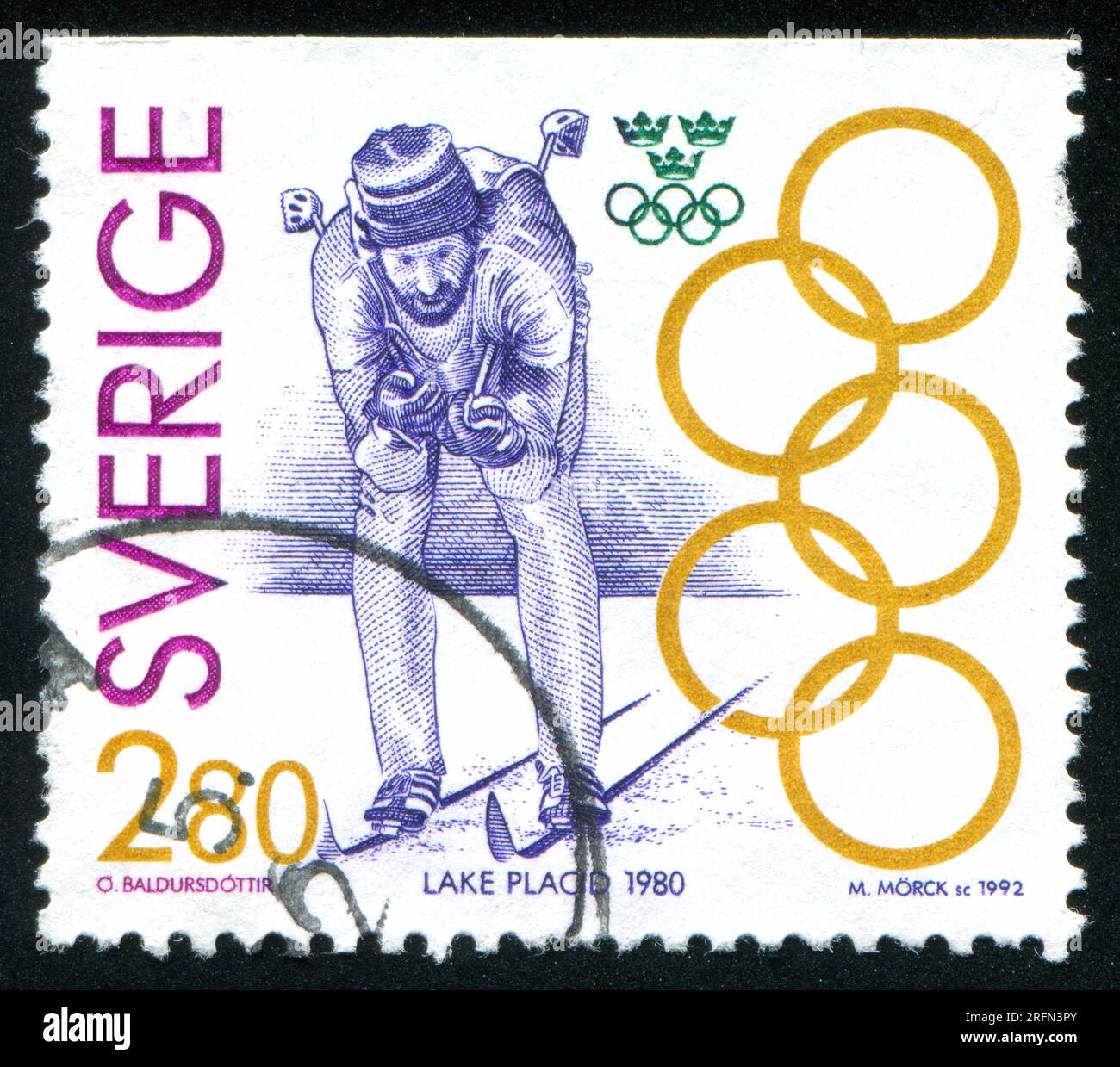 SWEDEN - CIRCA 1992: stamp printed by Sweden, shows Thomas Wassberg, cross-country skiing, Lake Placid, circa 1992 Stock Photo