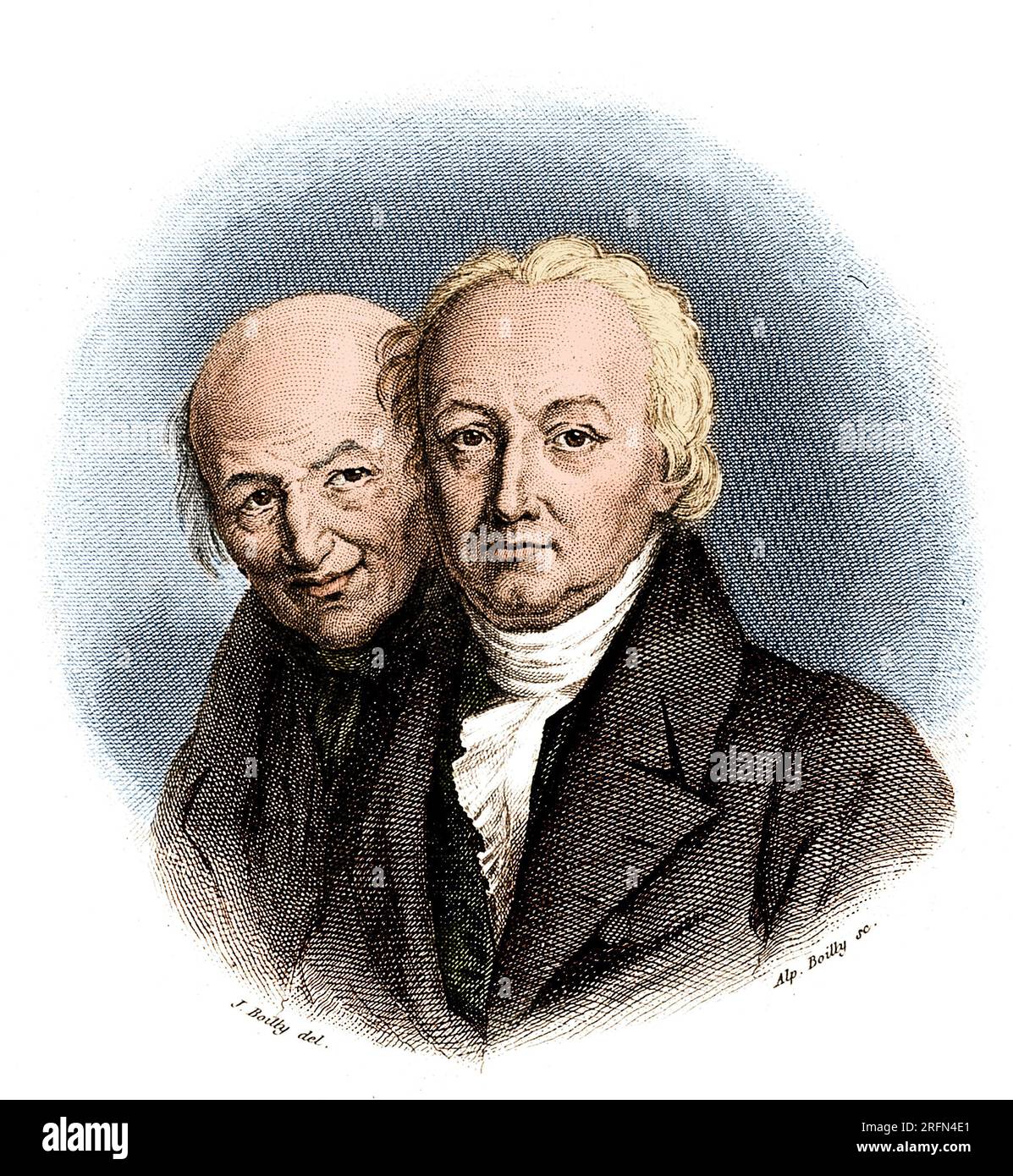 Brothers Rene-Just Hauy (left) and Valentin Hauy. Engraving by A. Boilly after J. Boilly, 19th century. Valentin Hauy (1745-1822) established the first school for the blind in 1785 in Paris. Rene Just Hauy (1743-1822) was a priest and mineralogist, considered the father of modern crystallography. Colorized. Stock Photo