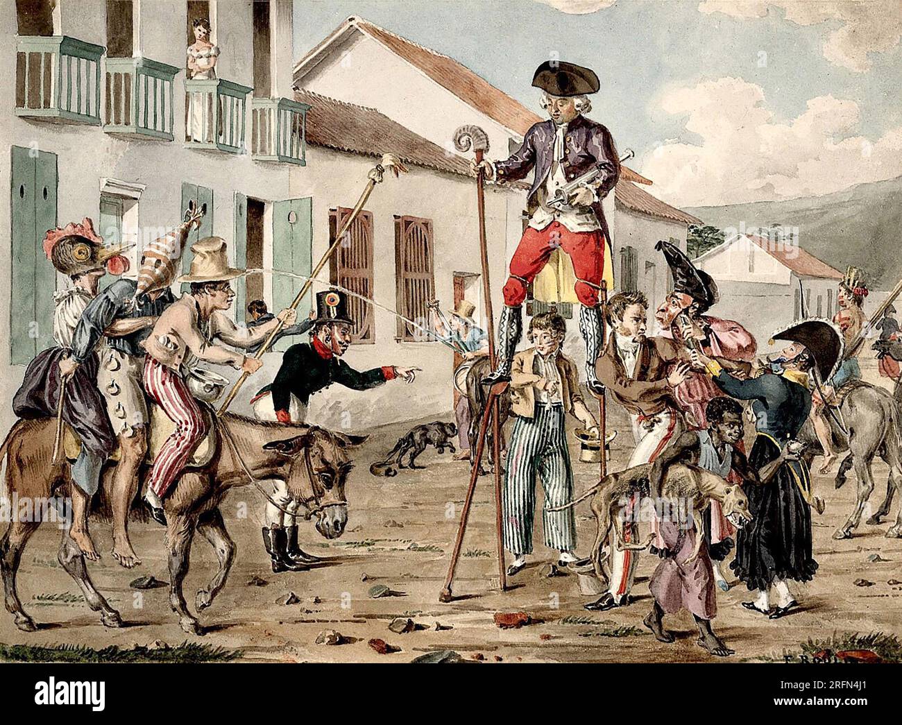 A street carnival in Bogota, Colombia, with a battle between personifications of medicine and disease. Watercolor by F. D. Roulin, circa 1822-1828. Stock Photo