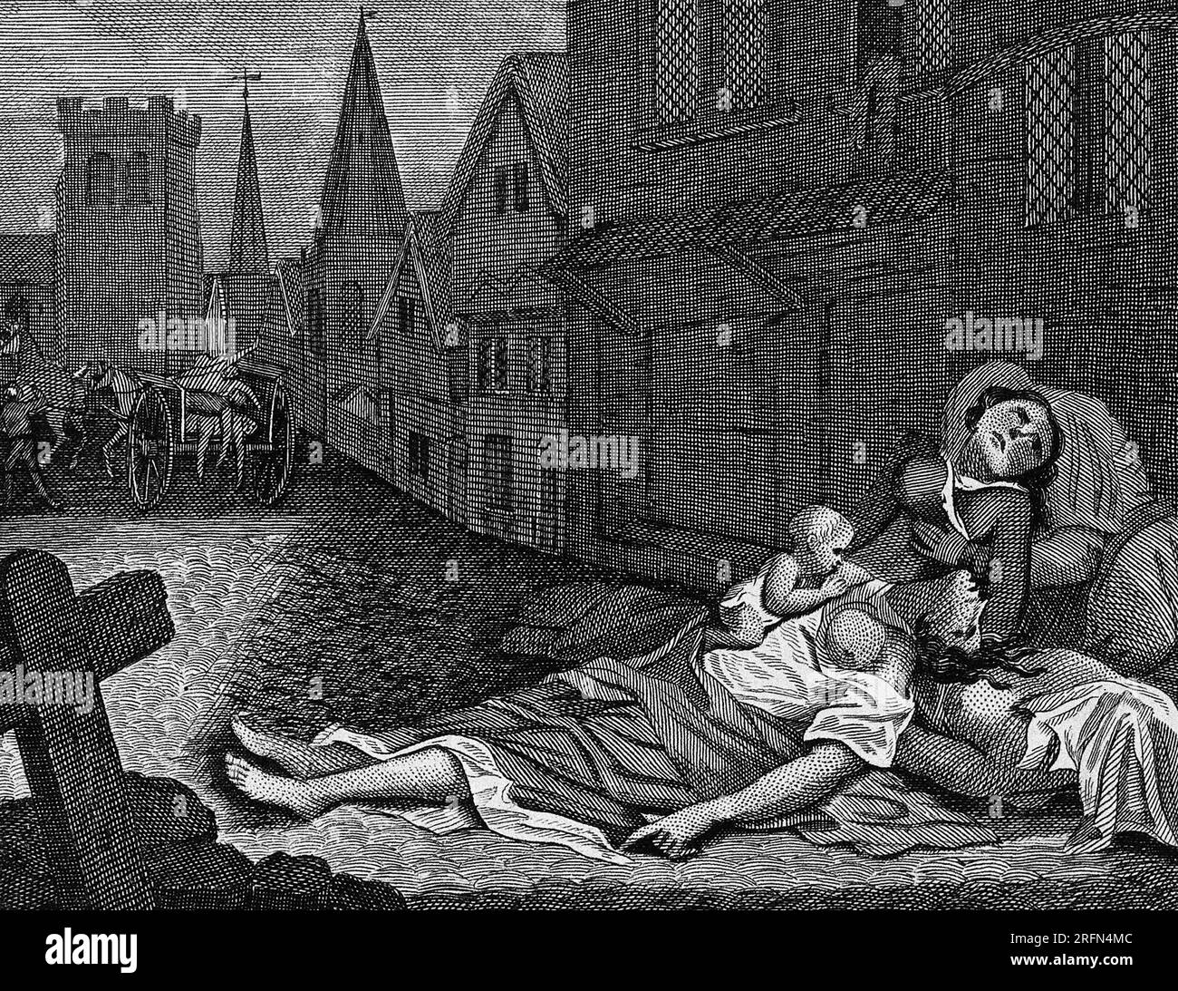 Two women lying dead in a London street during the great plague, 1665, one with a child who is still alive. Etching after R. Pollard II, c. 19th C. Stock Photo