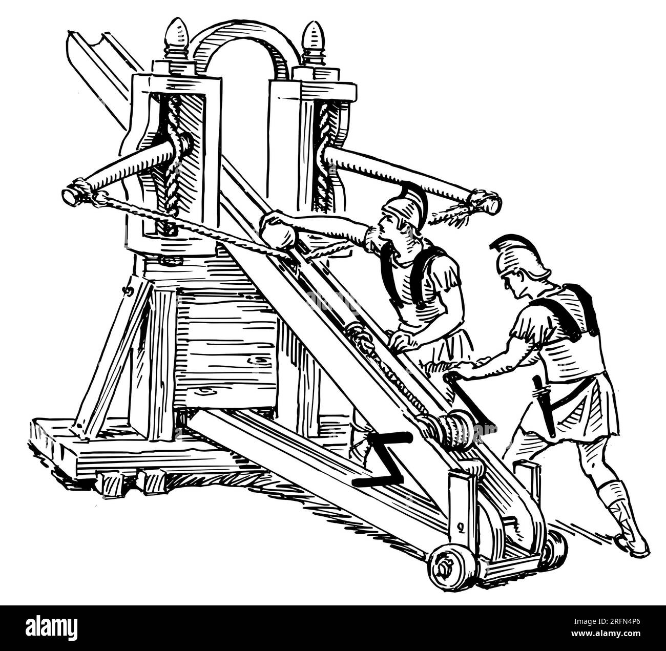 Illustration of a ballista being loaded and drawn. A ballista was an