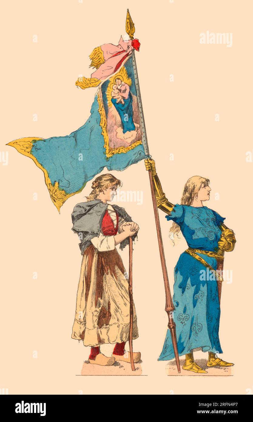 Two figures of Joan of Arc, before and after being called, from 'The Maid of Orleans' by Friedrich Schiller. Detail of a toy theater sheet whose figures were meant to be cut out, circa 1900. Artist Paul Wagner (1852-1937). Stock Photo