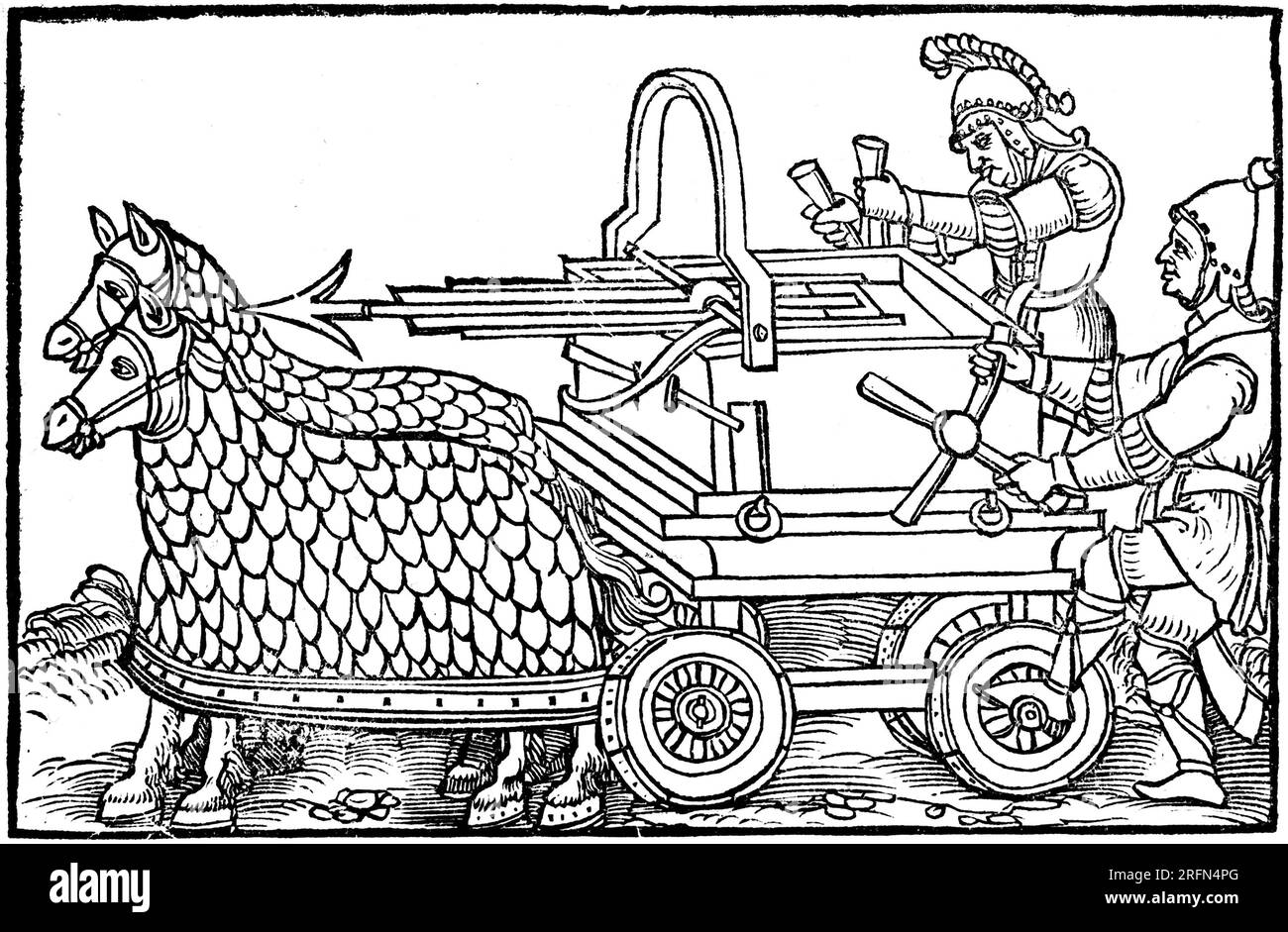 A four-wheeled ballista (carroballista) drawn by armored horses, from an engraving illustrating a 1552 edition of the war-machine catalog De Rebus Bellicis (c. 400). The device, mounted on a wagon, is manipulated like a crossbow, shooting large arrows at enemy fortifications. Stock Photo