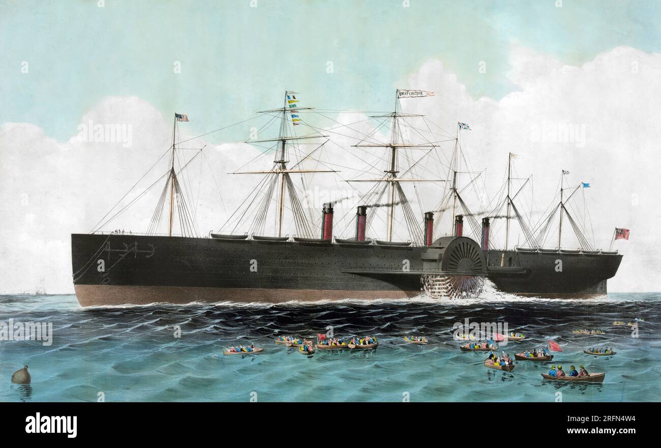 Hand-colored lithograph from 1858 of the SS Great Eastern, a ship constructed by Isambard Brunel and the largest ship in the world when launched in 1858, powered by sails (six-master) and steamship, paddle wheel and screw-propelled. Stock Photo