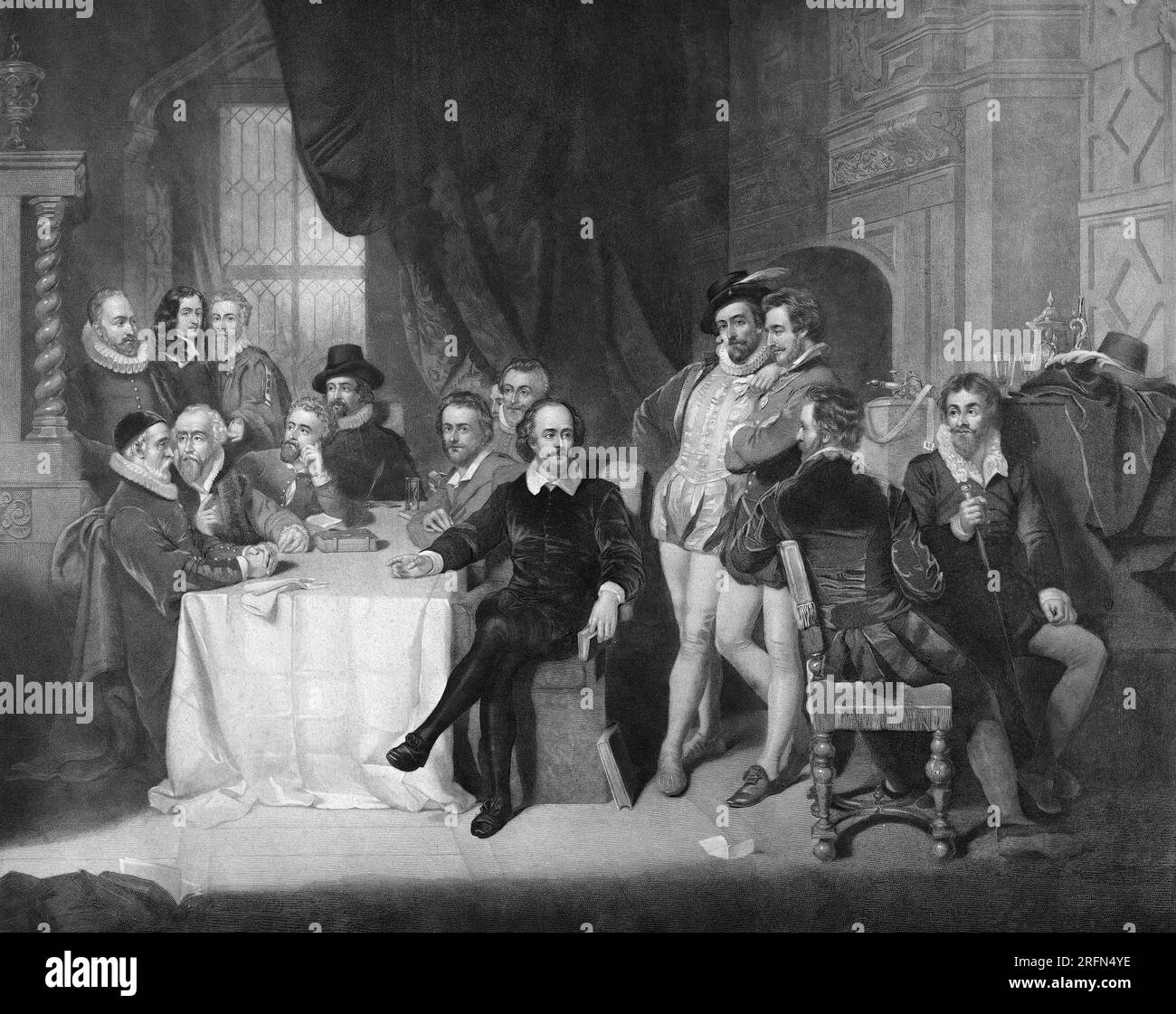 William Shakespeare, English poet and playwright, and his contemporaries at the Mermaid Tavern. Engraving by John Faed, 1850. Standing at left (l to r): Josuah Sylvester, John Selden, Francis Beaumont. Seated at table (l to r): Thomas Sackville, William Camden, John Fletcher, Francis Bacon, Ben Johnson, Samuel Daniel, John Donne, William Shakespeare. Standing and seated at right (l to r): Walter Raleigh, Henry Wriothesley, Robert Cotton, Thomas Dekker. Stock Photo