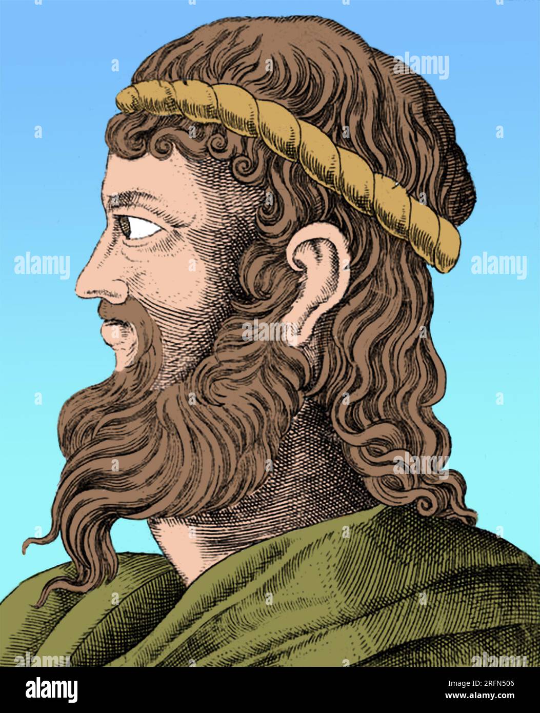 Anaximenes of Miletus (c.586 - c.526 BC) was an Ancient Greek, Pre-Socratic philosopher, active in the 6th century BC. From Illustrium philosophorum by Girolamo Olgiati, cira 1580. Colorized. Stock Photo