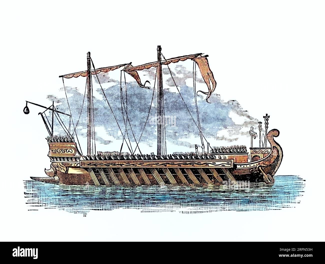 A galley is a rowing propelled ship. It originated among Mediterranean seafaring civilizations in the late second millennium BC. Stock Photo