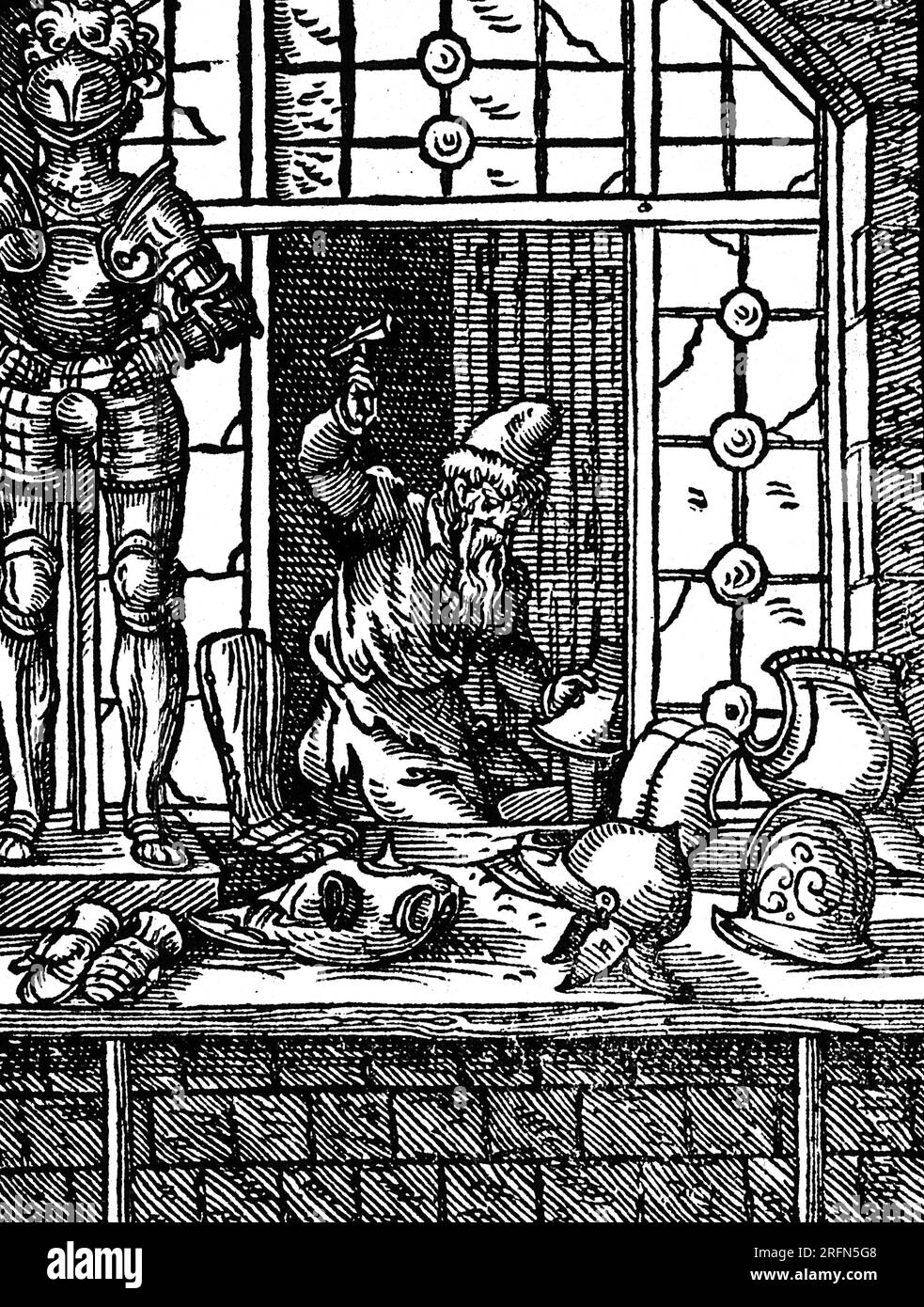An armorer beating metal into shape for men and horses. Woodcut from