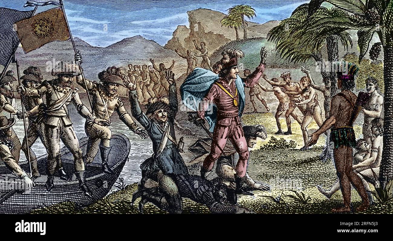 Christopher Columbus landing in the New World. Etching by A.C.F