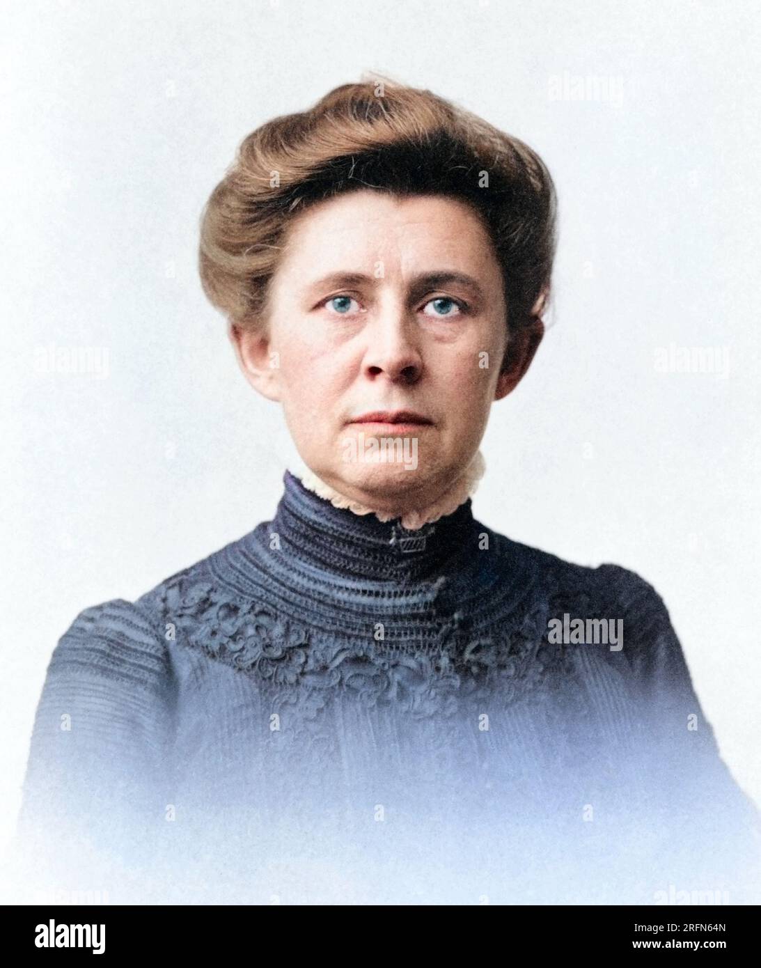 Ida Tarbell (1857-1944) was an American writer and pioneer of investigative journalism, best known for her 1904 book The History of the Standard Oil Company, a work that contributed to the dissolution of the Standard Oil monopoly and helped usher in the Hepburn Act of 1906, the Mann-Elkins Act, the creation of the Federal Trade Commission (FTC), and passage of the Clayton Antitrust Act. Photo, c. 1904 by James E. Purdy. Colorized. Stock Photo