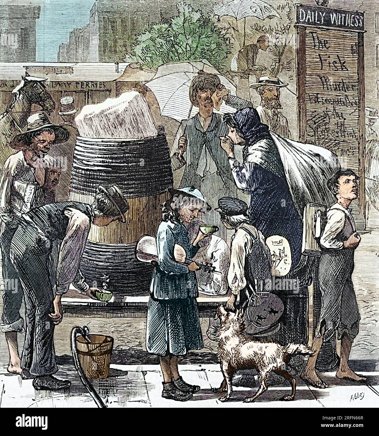 Distributing ice water in Printing House Square, New York City, during a summer heat wave. Illustration, Harper's Weekly, E. A. Abbey, July 27, 1872. Colorized. Stock Photo