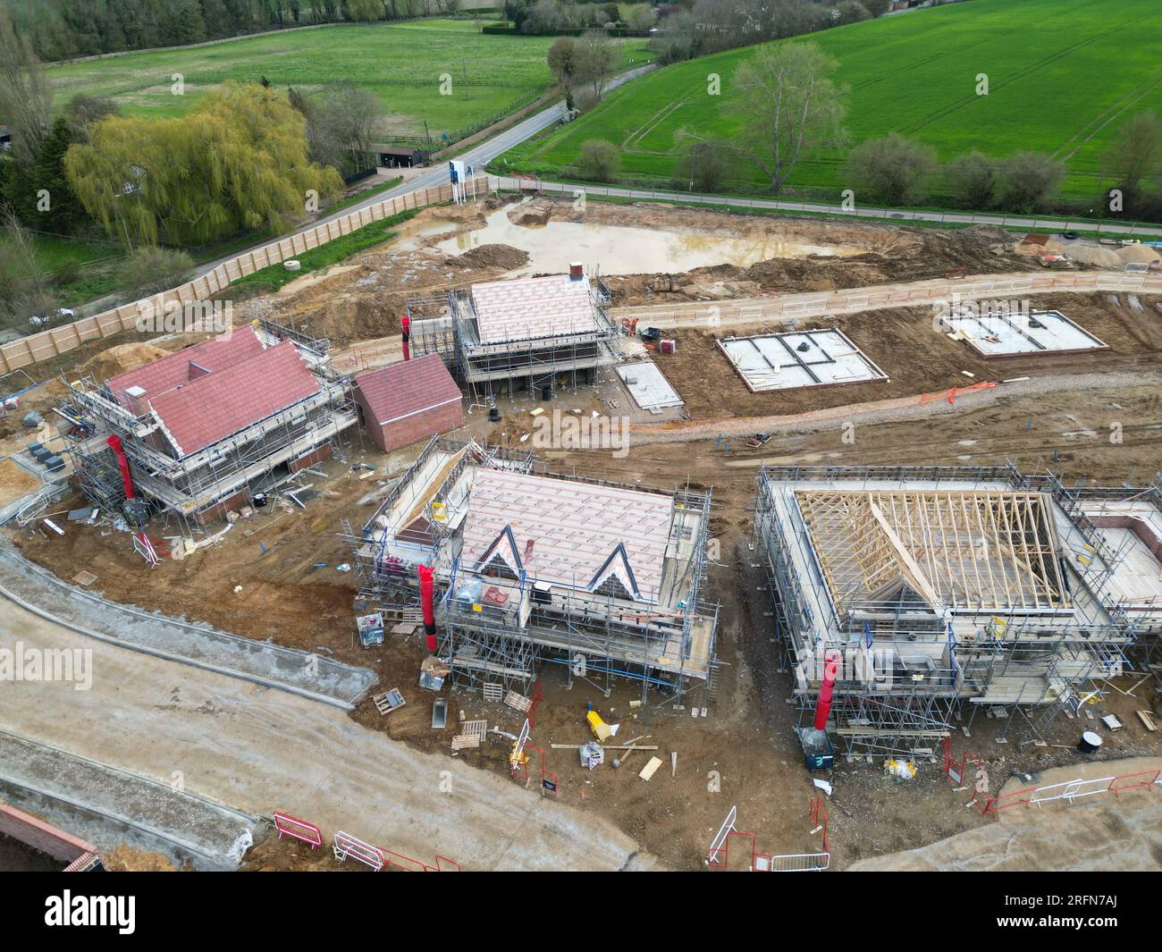 New build houses under construction in Finchingfield Essex UK Overhead
